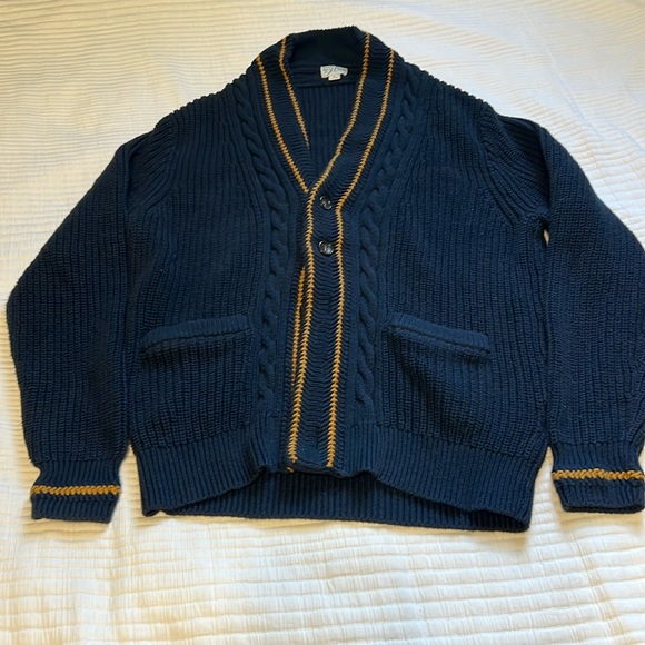 J Crew Navy Cable-Knit Varsity Cardigan - Picture 1 of 3